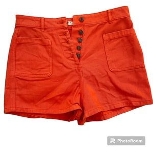 OBEY HIGH WAIST DENIM SHORTS WOMENS RED ORANGE BUTTON FLY SIZE 26 HIGH RISE